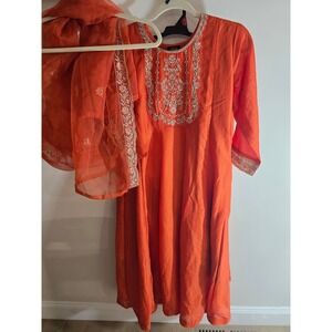 Indya Luxe Orange Embroidered Kurti Tunic Top Dupatta Set Women's Size M
